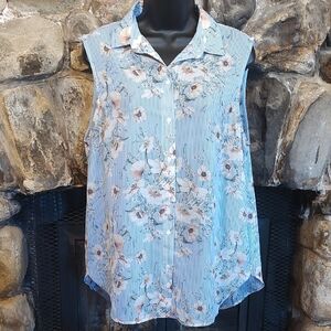 H&M Blue Striped Sleeveless Floral Button-Up Blouse